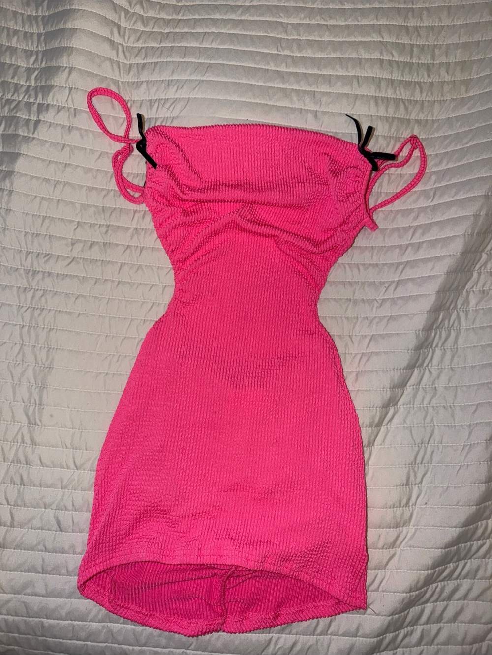 Hot Pink Ruched Mini Dress with black bow detail